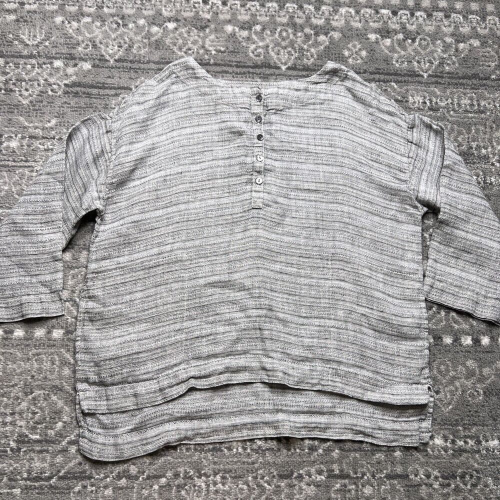 PUREJILL Striped 100% Linen Boxy Henley Top Size Petite Small Coastal Grandma